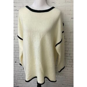 Vine And Love Women L Cream Sweater Black Trim Oversized Comfort Long Sleeve N2